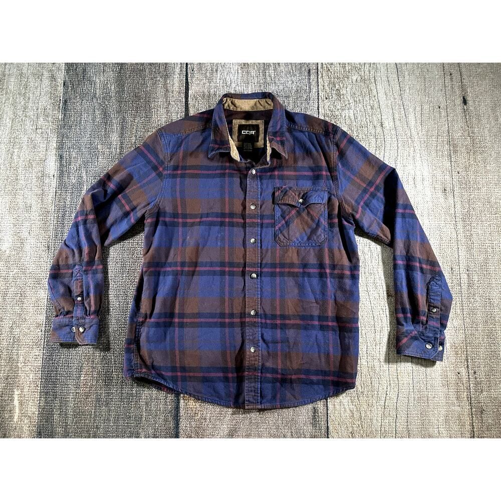 CQR Shirt Mens Large Blue Brown Plaid Flannel Long Sleeve Button Up